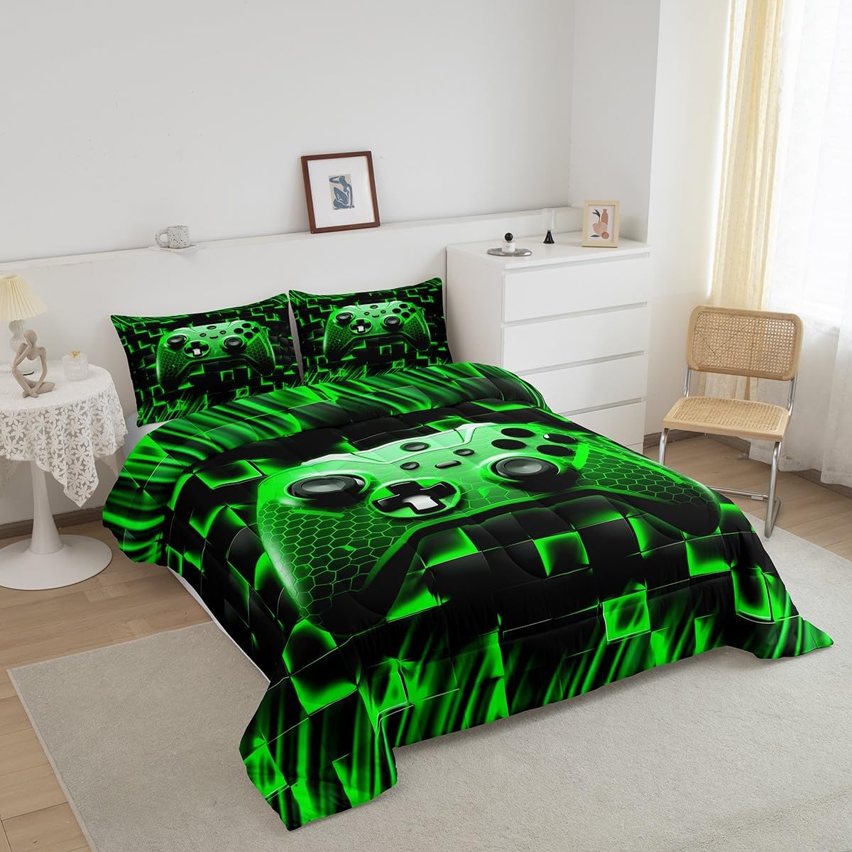 Gaming Gamepad Kids Comforter Set Queen Size,Green Honeycomb Neon Square Geometric Bedding Set,Boys Men Room Decor,Videogame Controller Down Comforter,Reversible Fashion Duvet Insert,2 Pillowcases