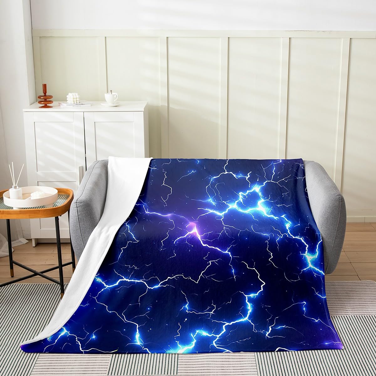 Blue Lightning Flannel Fleece Blanket Throw Size,Super Soft Cozy 3D Lightning Plush Blankets,Lightweight Microfiber Blue and Purple Throw Blanket for