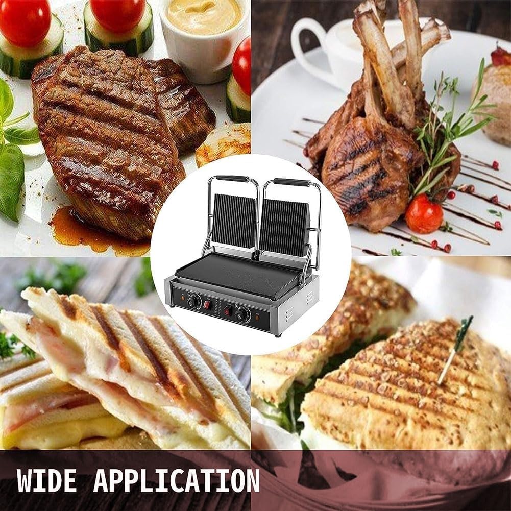 Double Heads Panini Press, 3600W Sandwich Toaster with 2 Slice Non-Stick Plates, Toastie Maker with 122-572℉ Adjustable Temp Control, Stainless Steel Grill and Griddle, Built-In Fat Tray