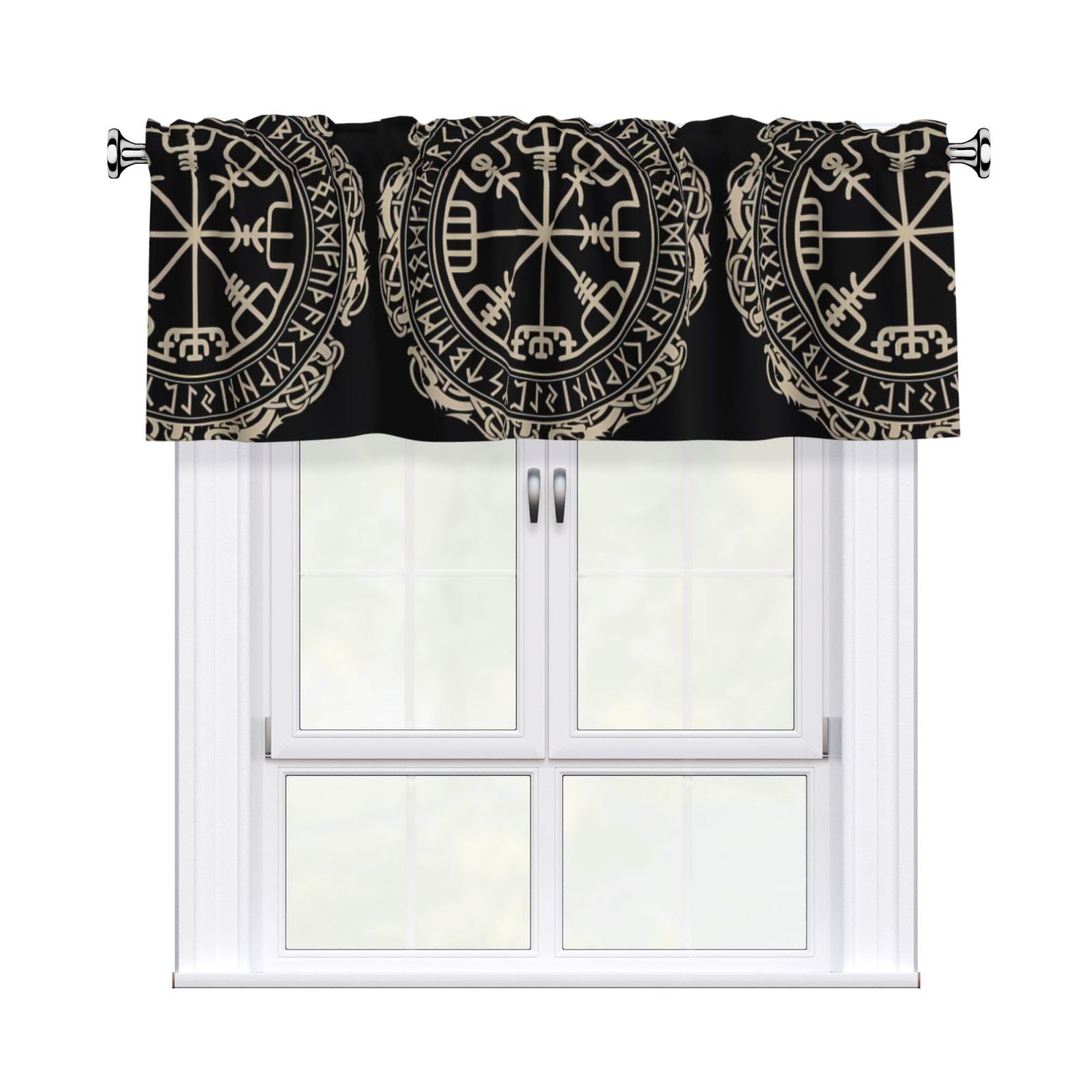 WHJSHOP Magical Design Norse Runes Compass Prints Curtain Valance 54x18in - Peach Skin Kitchen Window Layer, Filtered Light & Quick-Install Rod Pocket Cover
