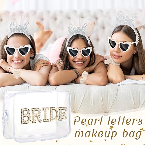 Miniatura 4 de Abbylike El juego de regalo de 4 piezas incluye diadema de perlas para novia, bolsa de maquillaje transparente de corazón, gafas de sol de satén,