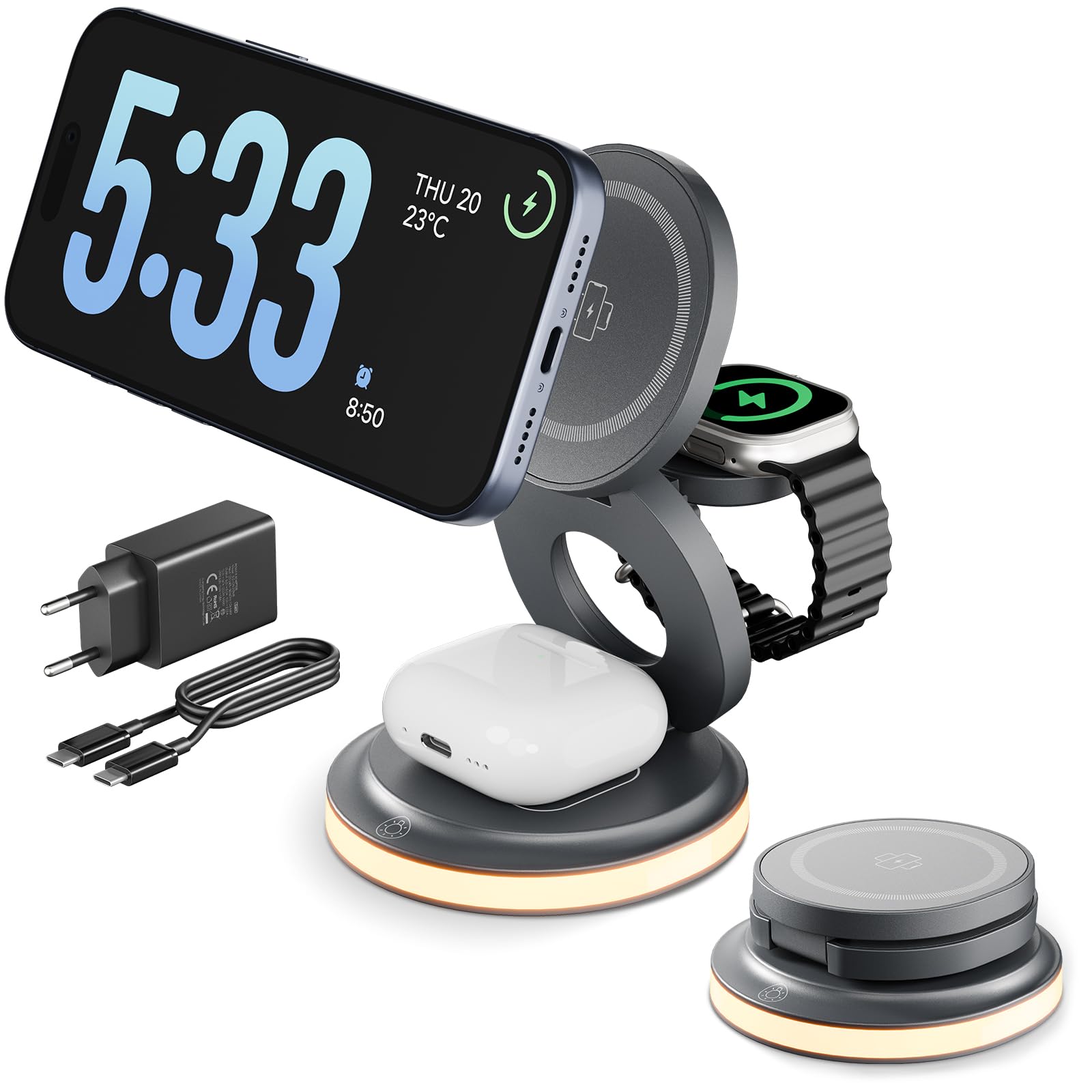 3-in-1 Ladestation Apple Watch und iPhone, 15W Ladegerät für Magsafe mit Nachtlicht Kompatibel mit iPhone 17-12, Apple Watch 11-2, AirPods, Reise & Büro, inkl. 20W Adapter, Faltbar