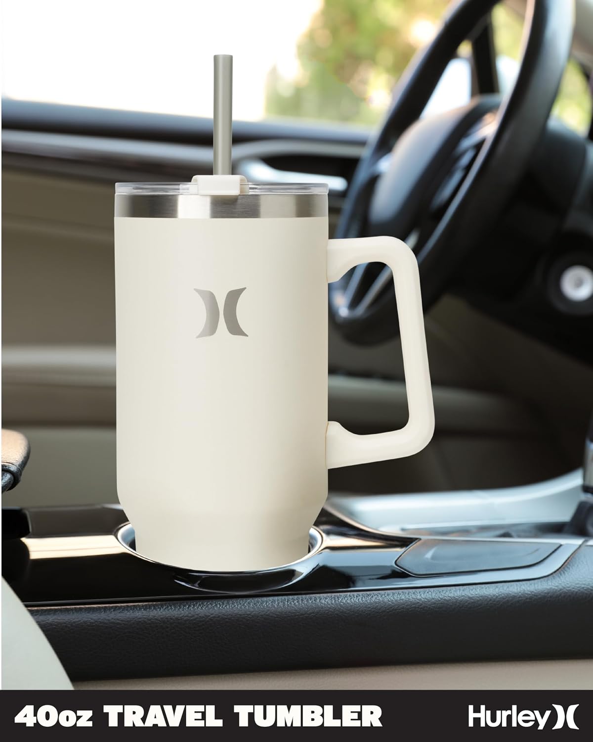 Hurley Tumbler Thermos - 40oz Double Wall Vacuum Insulated Travel Mug with Handle - BPA Free Stainless Steel Water Bottle - Leak Proof Hot and Cold Coffee Car Cup, Size 40 Ounces, Ivory