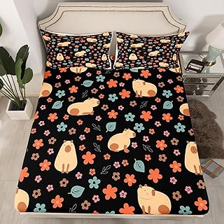 Cute Capybara Bedding Set Capybara Bed Sheet Set Floral Capybara Kawaii Animal for Kids Boys Girls Bedding Set Brown Capybara Bed Cover Room Decor Breathable Bed Set Queen Size