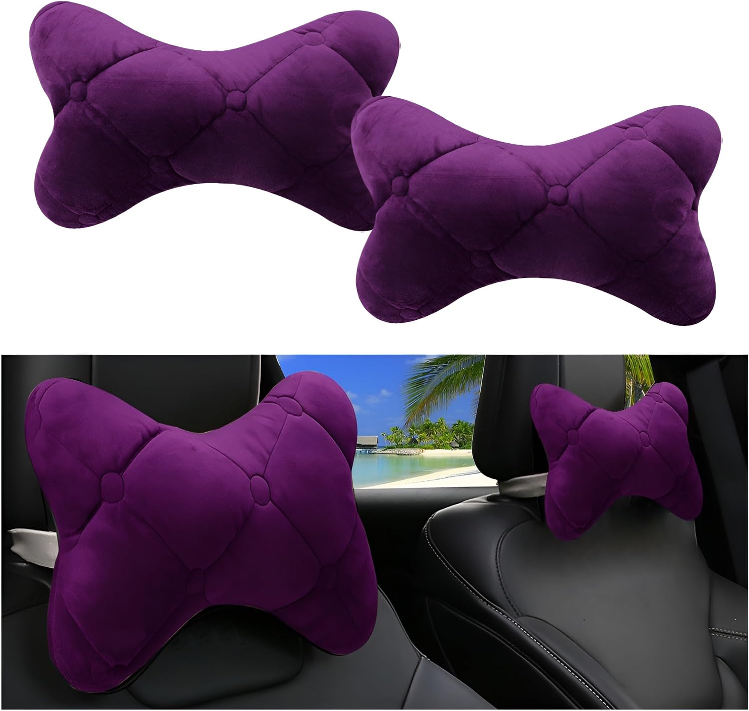 2PCS Car Headrest Pillow, Soft Breathable Vehicle Neck Support Pillow for Comfort Driving, Auto Head Rest Pad Cushion, Universal for Truck Van Camper Sedan (Purple)