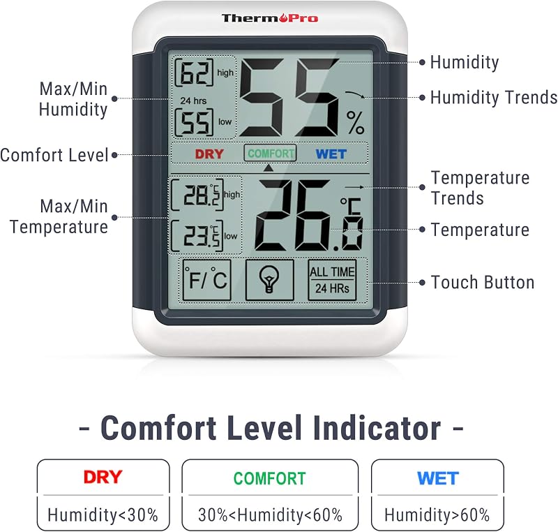 ThermoPro TP55 Digitális Hőmérő és Páratartalom Mérő, Beltéri Klímajelzővel, Érintőképernyős Kijelzővel, Min/Max Adattárolással, Otthoni és