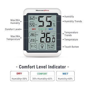 ThermoPro TP55 Dijital İç Mekan Higrometre Termometresi Sıcaklık ve Nem Monitörü Oda Nem Ölçer, Büyük Dokunmatik Ekranlı, Arka Işık