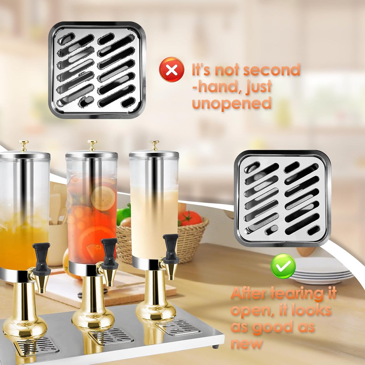 Hot and Cold Beverage Dispenser with Stand, 2.38 Gallon All-in-One Commercial Drink Dispenser with Ice Core&Stainless Steel Drip Trays for Parties, Beer Bar, Coffee (3 Head-2.38 GAL, GOLD) - Image 8