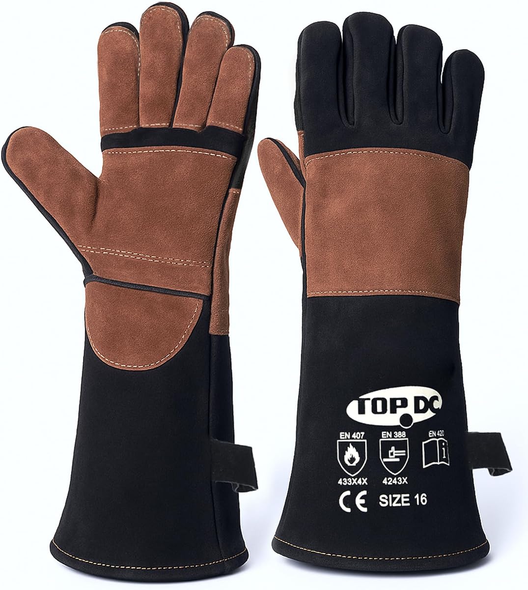 TOPDC Welding Gloves 16Inch 1000℉ Heat Resistant Leather for MIG Stick, L | Foil Layer, Reinforced leather & Kevlar Stitching Help Protect Hands and Forearms for Welding, Forge, Fireplace, BBQ, Grill