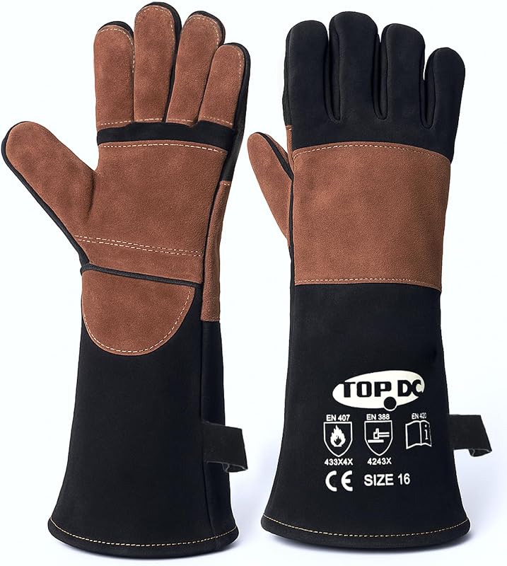 TOPDC Welding Gloves 16Inch 1000℉ Heat Resistant Leather for MIG Stick, L | Foil Layer, Reinforced leather & Kevlar Stitching Help Protect Hands and Forearms for Welding, Forge, Fireplace, BBQ, Grill