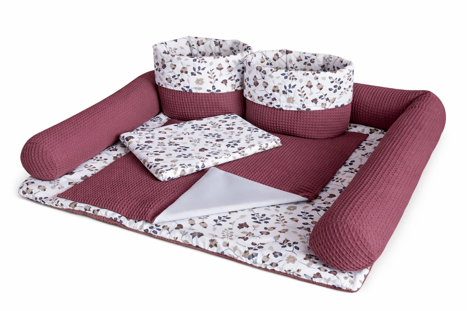 Wickelauflage Set 6-teilig – Wickelunterlage aus Baumwolle & Waffelstoff – Baby Wickelauflage – Geschenk zur Babyparty – Wickeltischauflage – 85x75 cm (Breite x Tiefe), Zweige und Beerenfarbe