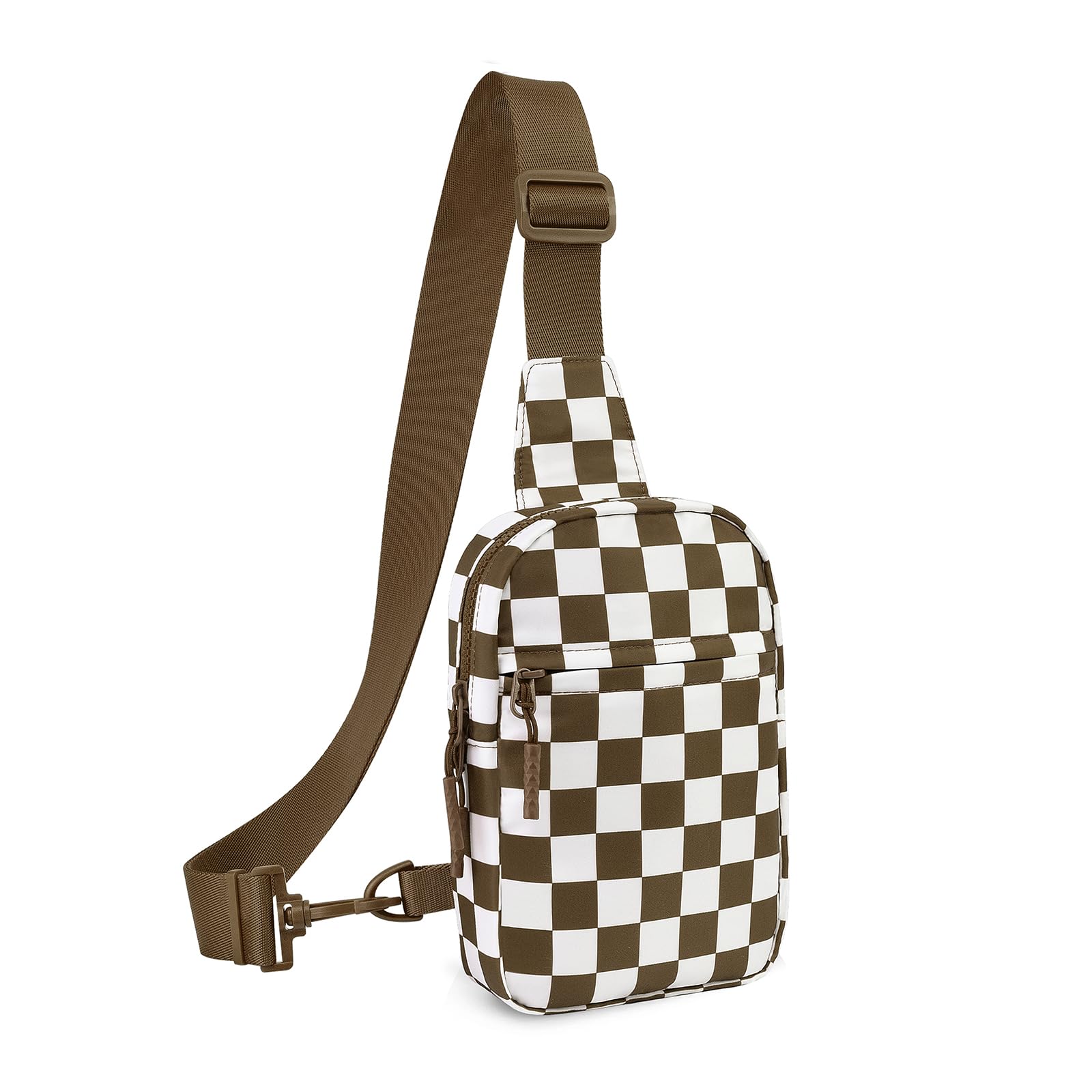 Small Checkered Crossbody Sling Bag Chest Bag Water Resistant Fanny Pack Running Phone Holder for Women Men Workout Travelling Hiking(Caramel)