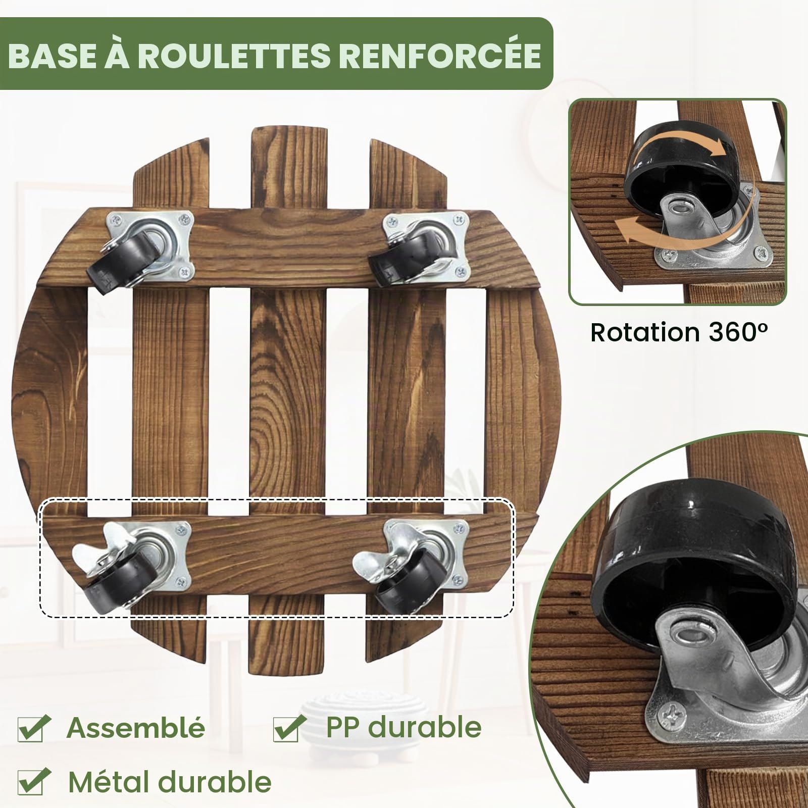 Porte Plante a roulettes, Lot de 2 Supports de Pots de Fleurs à roulettes Ø 300 mm, Support Plante Roulette, Capacité de 100KG, Plateau a Roulette pour Extérieur à Intérieur