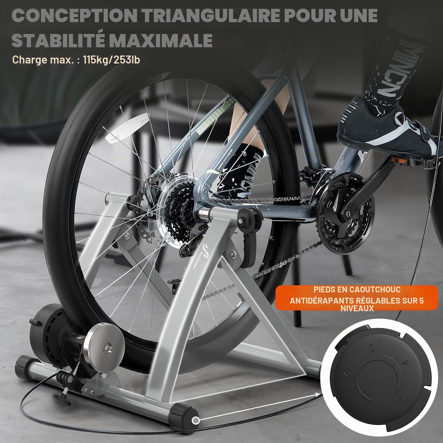 Entraîneur de vélo, Sportneer Home Trainer Bicyclette, freinage magnétique, 6 Réglages de Résistance avec Roue de réduction du Bruit, poignée à dégagement Rapide