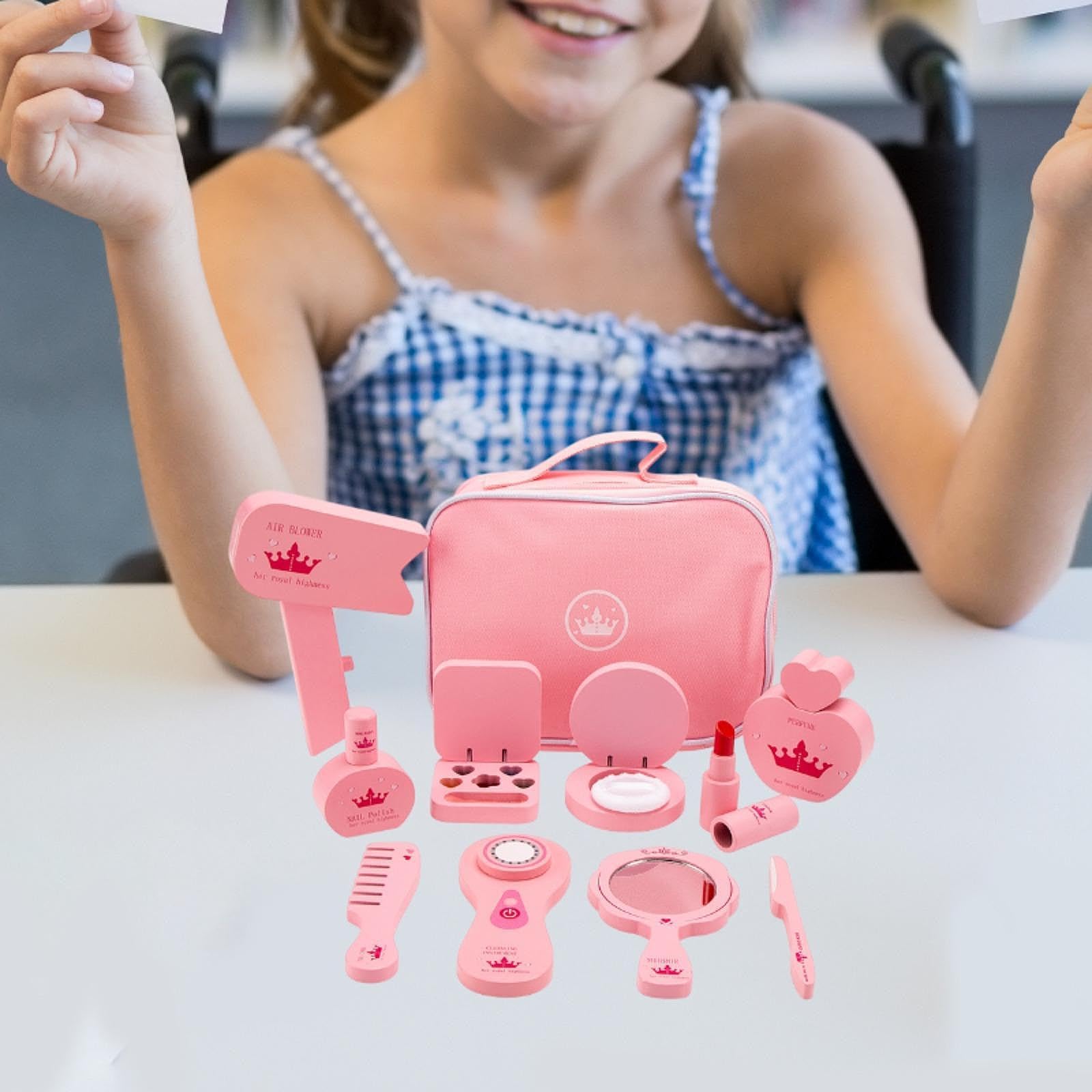 Set di Giocattoli per il Trucco Bambini, 10 Strumenti Cosmetici in Borsa Portatile, Tessuto di Legno, Giochi di Ruolo