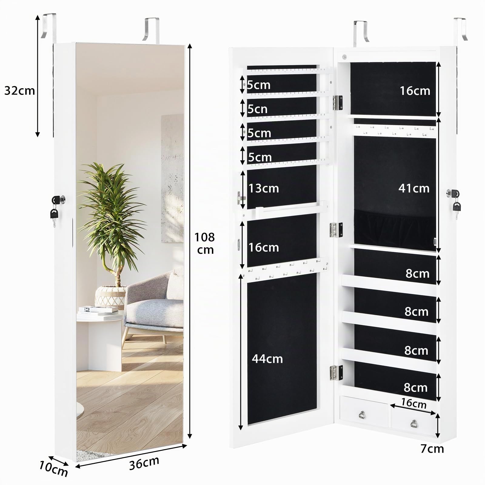 Espejo joyero de pared con LED HOMASIS, armario para joyas con llaves, blanco
