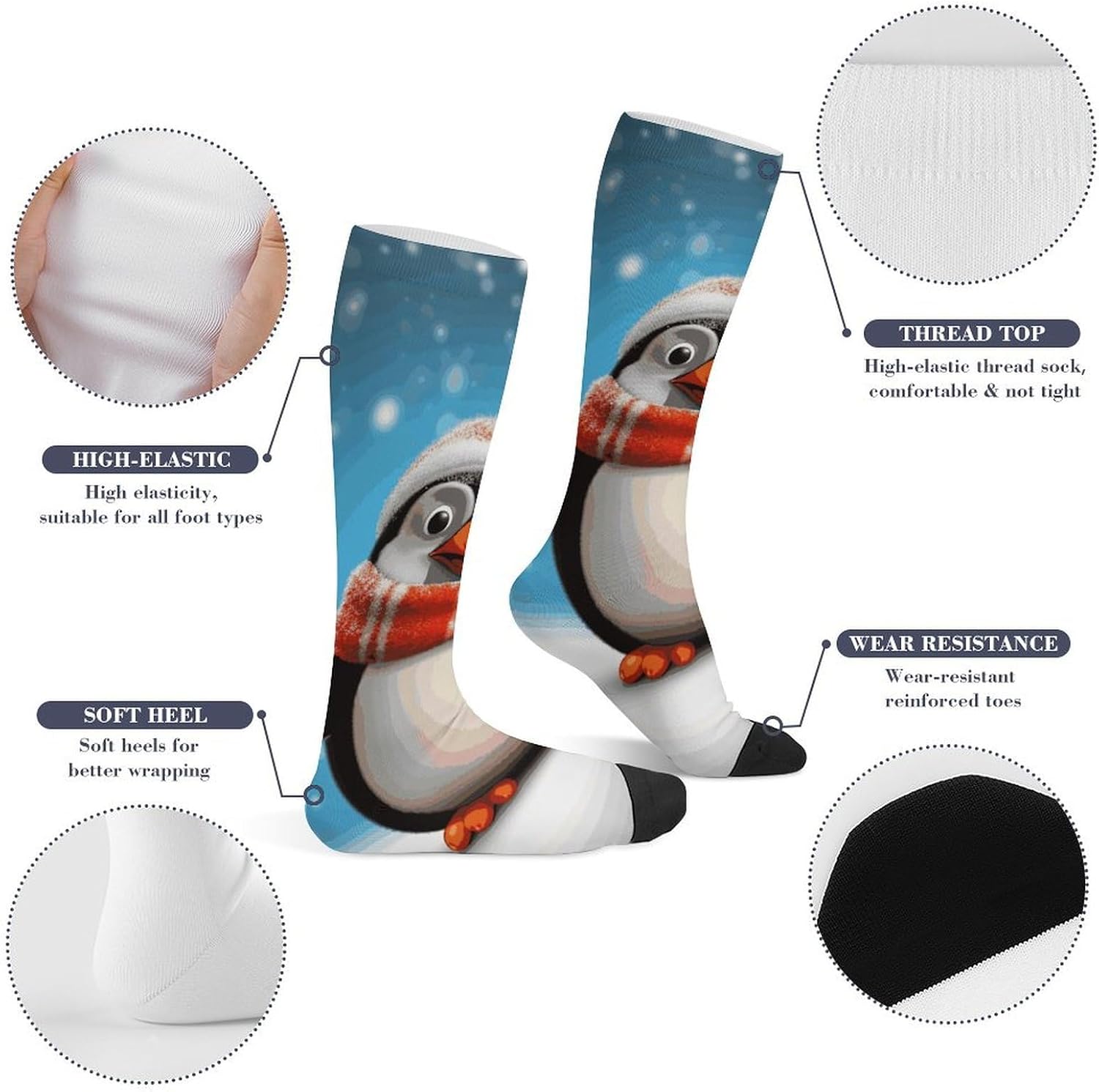 Christmas Funny Penguin Knee High Soccer Socks Moisture Wicking