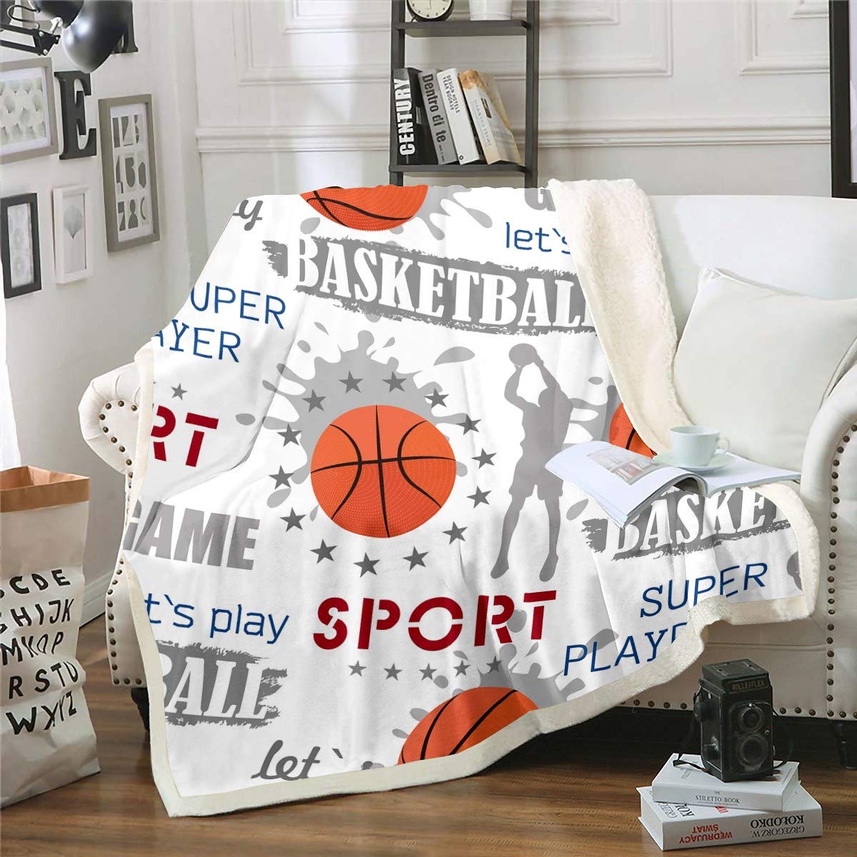 Loussiesd Boys Basketball Plush Throw Blanket - Sports Theme Fleece Sherpa for Sofa Couch - Basketball Player Fuzzy Throw for Teens Athlete - Competitive Flannel Room Decor - Single 50"x60"