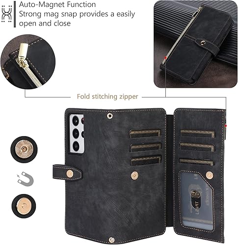 Miniatura 94 de UEEBAI Funda para Samsung Galaxy S21 FE 5G, 9 ranuras para tarjetas, cartera de cuero retro a prueba de golpes, con correa de mano, ranuras