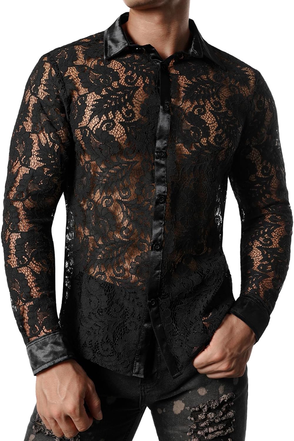 JOGAL Men's See Through Flower Lace Sheer Blouse Long Sleeve Button Down Shirts
