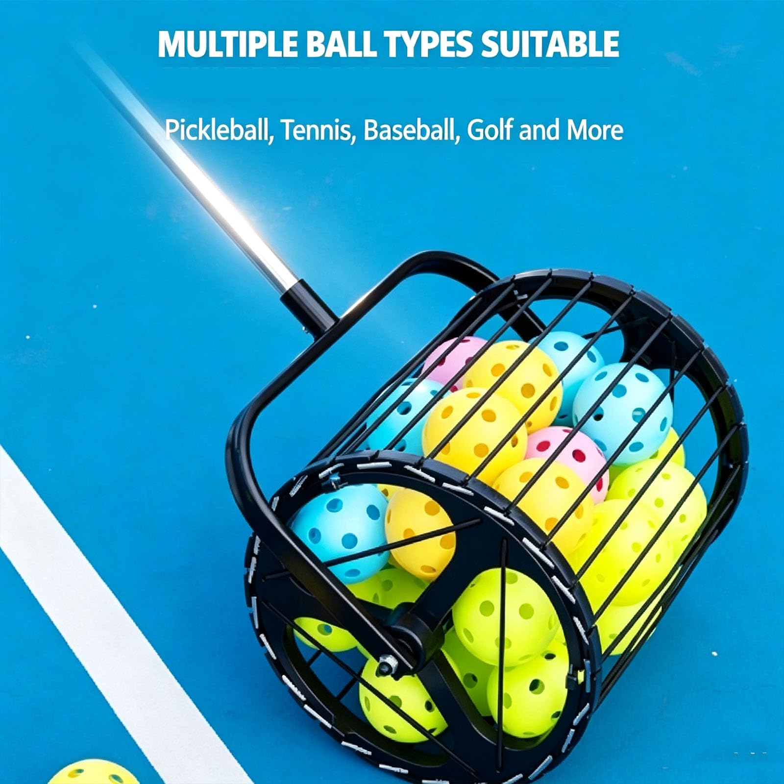 Recolector De Pelotas De Tenis con Ruedas, Tolva para Pelotas De Tenis con Mango Telescópico Ajustable Y Cordones Elásticos, Recuperación Rápida De Pelotas, Capacidad para 30 Pelotas, para
