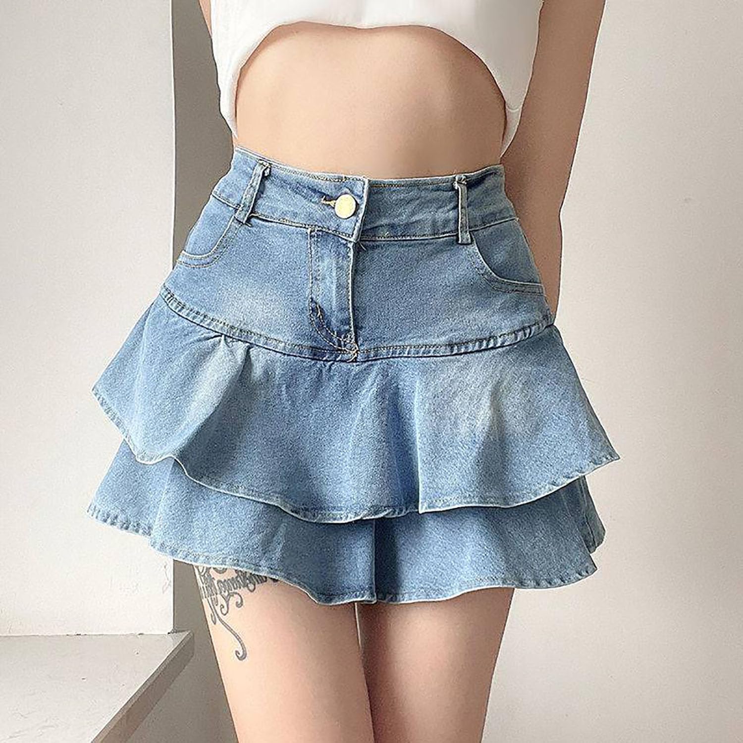 SHSEMO Women's Ruffle Multi-Layer Denim Skirt Casual A-Line Ruffle Y2K Mini Denim Skirt (US, Alpha, One Size, XX-Large, Regular, Regular, Blue) - Image 5