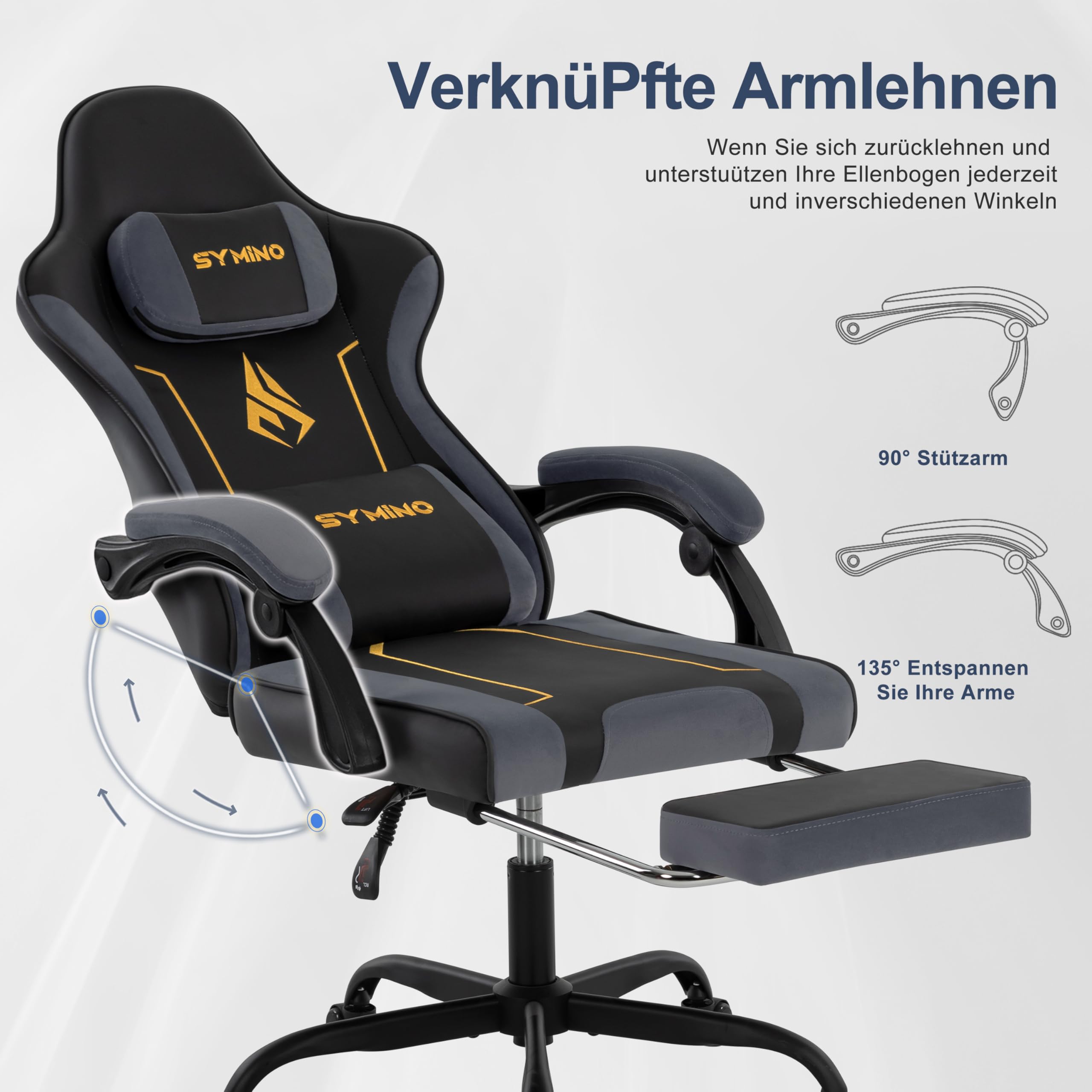 Symino Silla Gaming Ergonómica con Asiento de Látex – 150 kg, Reclinable con Reposapiés, Soporte Lumbar, Giratoria 360° para Oficina y PC