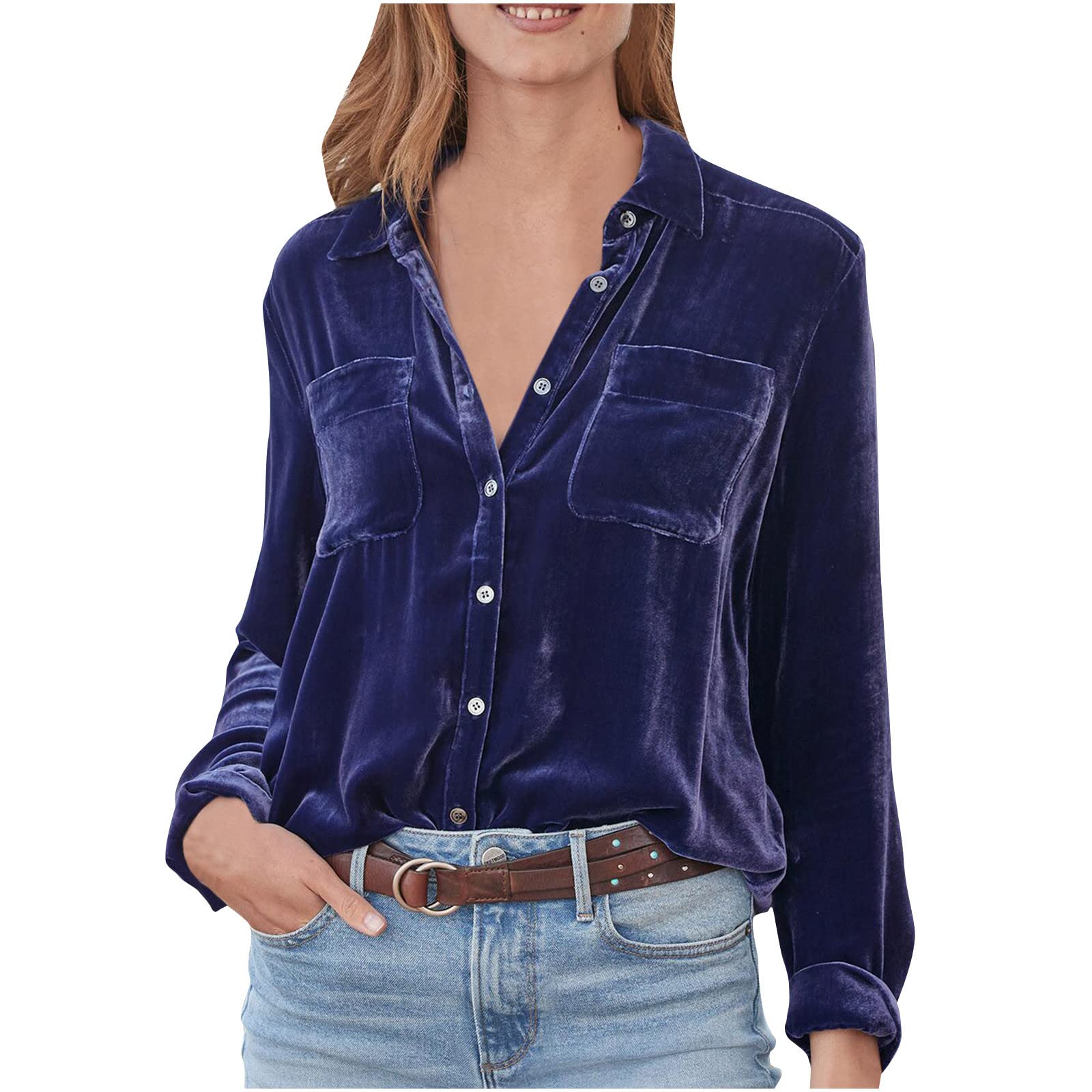 Women's Velvet Shirts UK Sale Retro Long Sleeve Blouses Solid Color Tops Office Work Business Formal Shirts Regular Fit Button Down Blouses with Pockets