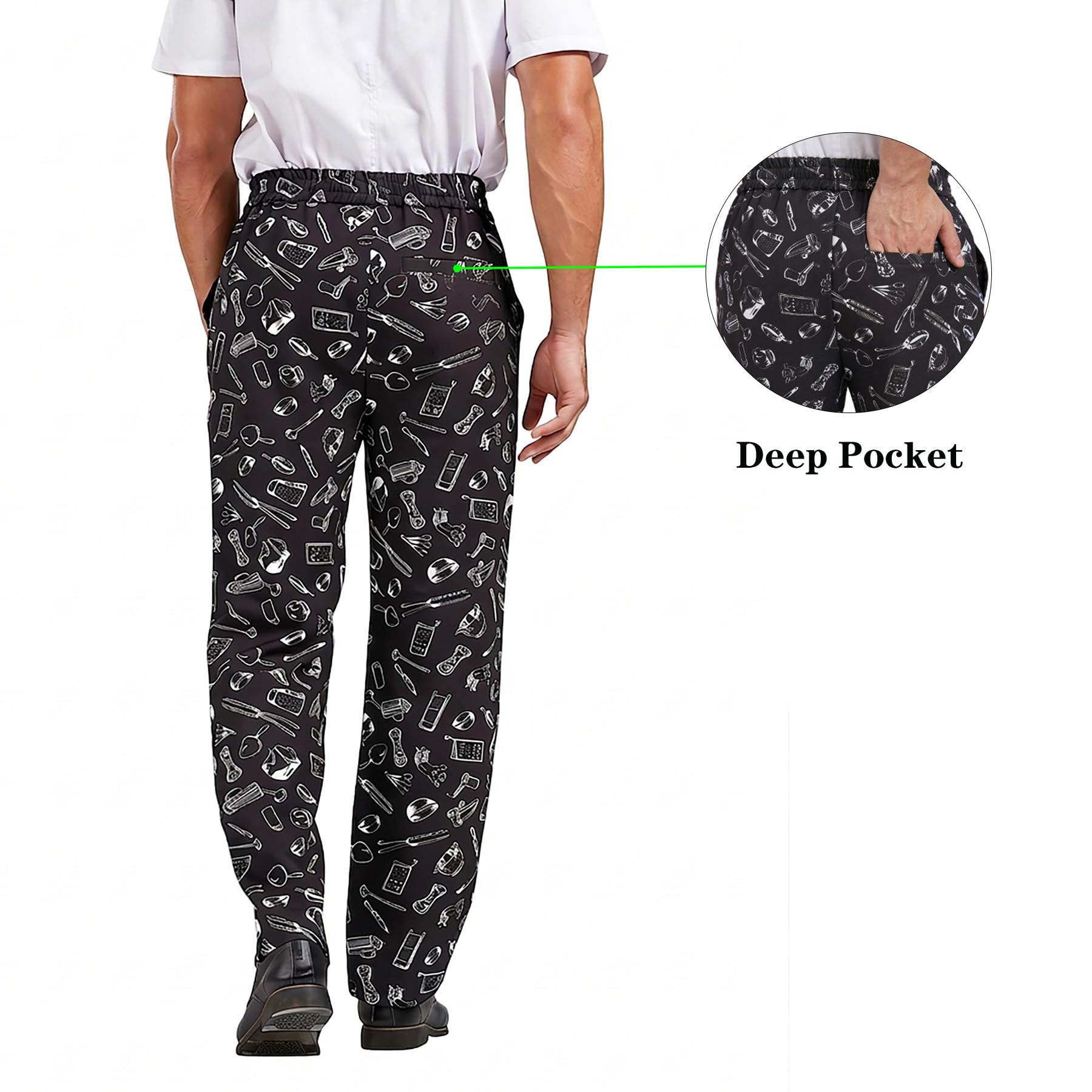 Nanxson Pantalones de Chef Holgados para Hombre, Pantalones de Trabajo Estampados con Cintura Elástica Pantalones de Chef Uniformes de Cocina para Restaurante