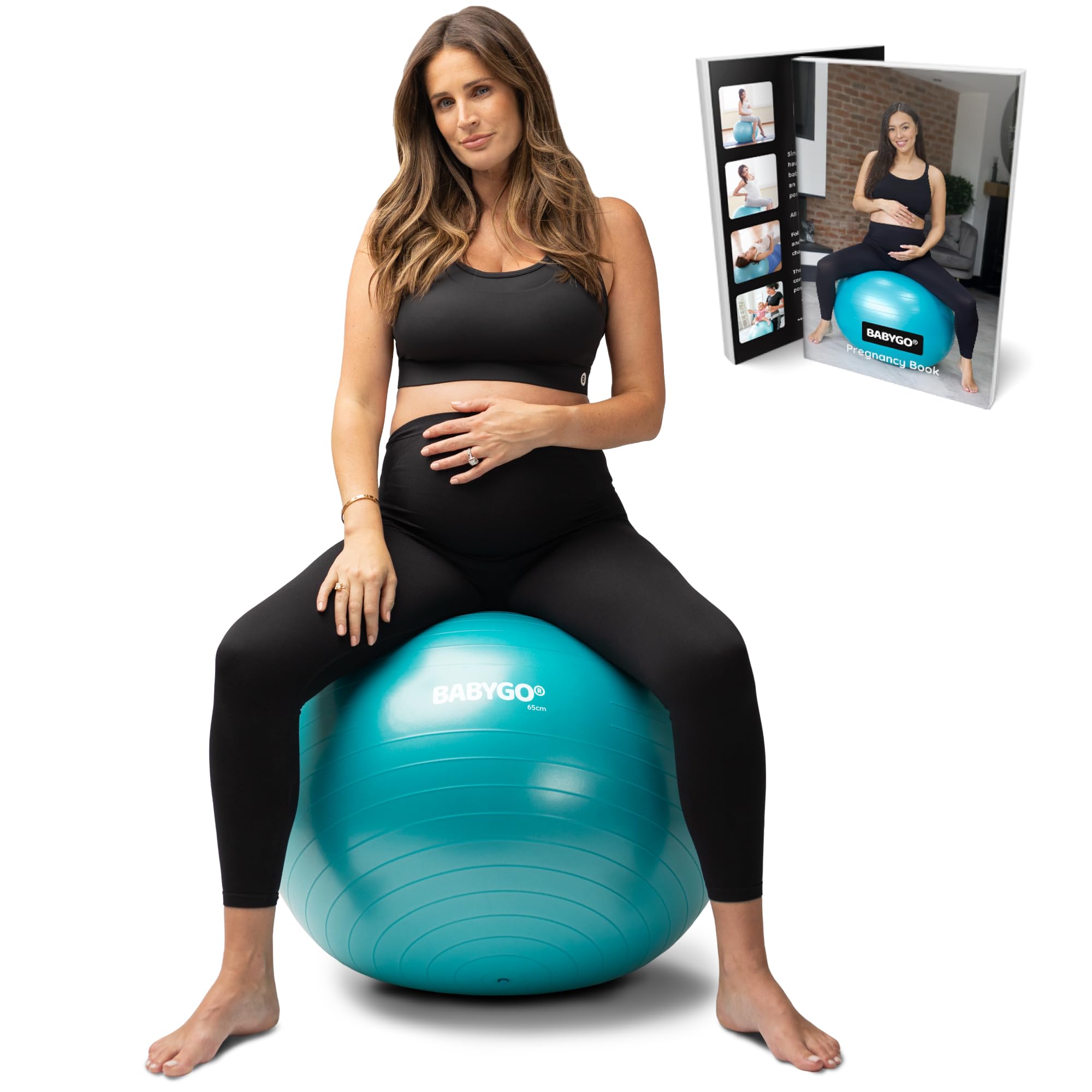 BABYGO Birth Ball - Pregnancy Yoga, Labor & Exercise Ball & Book Set; Trimmer Starter Geting, Maternity Ficio with Birth & Recovery Plan; Anti-Burst Eco-Friendly Material + Pump; 65cm 75cm