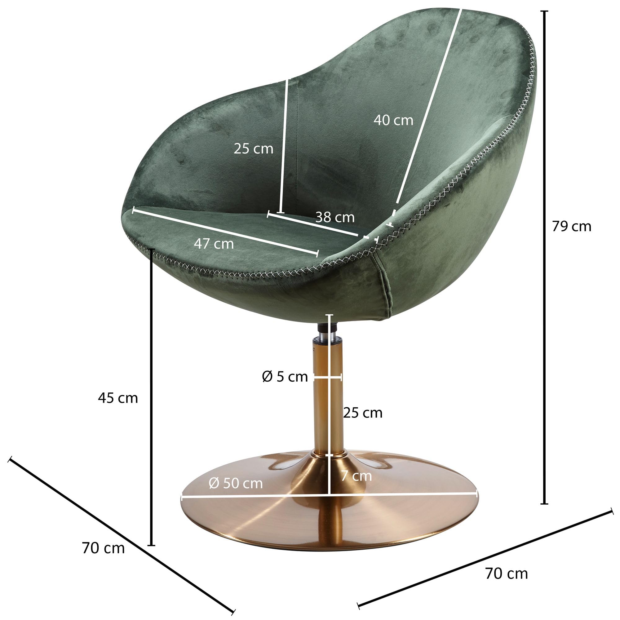 WOHNLING Chaise Longue Sarin Chaise en Velours Vert/Or 70x79x70 cm | Fauteuil Club rembourré avec accoudoirs | Chaise pivotante Cocktailsessel Lounge | Chaise de Bar Chaise Visiteur
