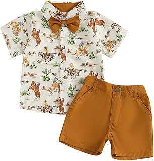 Karuedoo Western Toddler Baby Boy Clothes Riding Horse Button Down Short Sleeve Shirt Tops Shorts Set Summer Country Outfit
