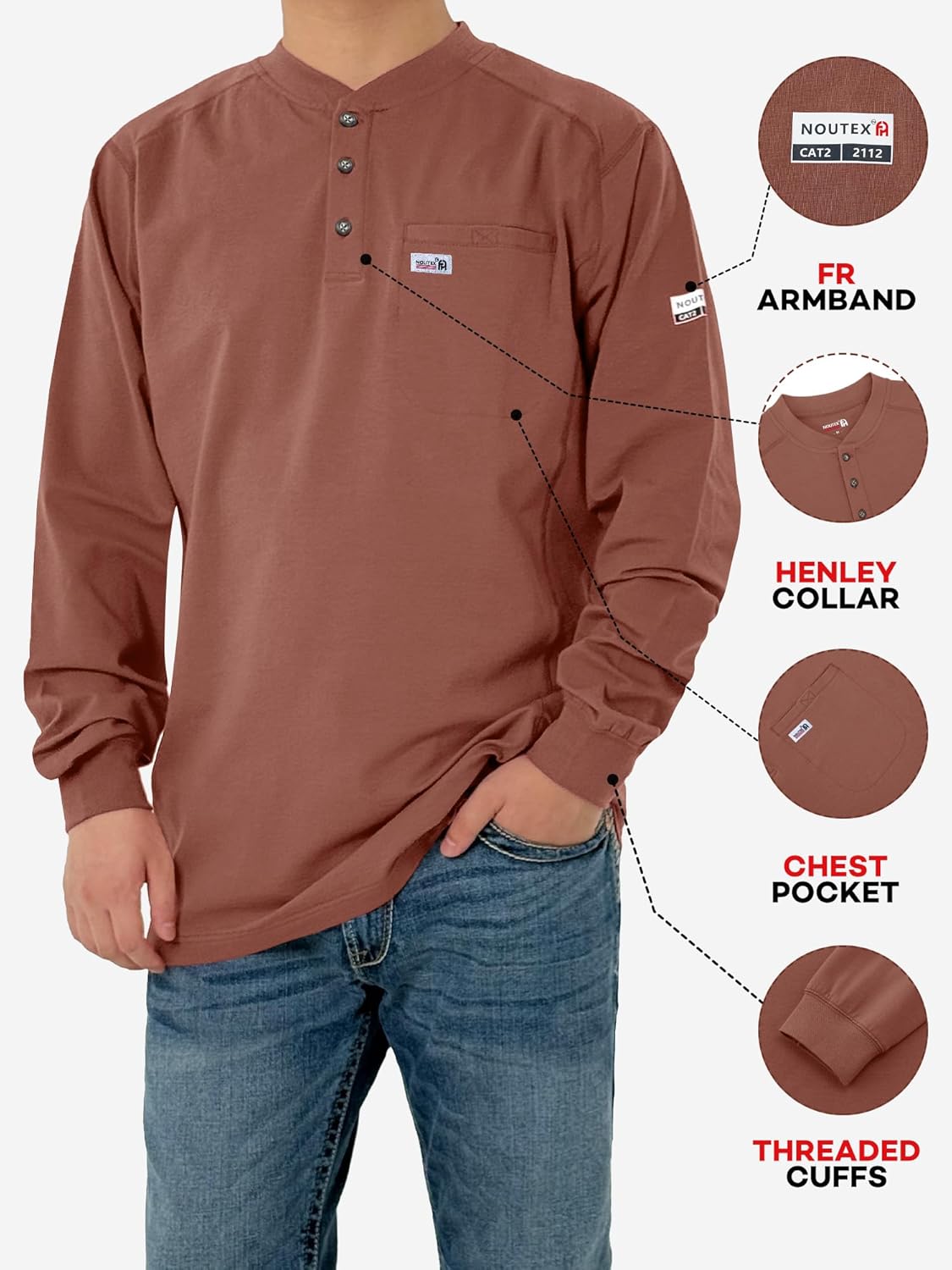 FR Shirts for Men 6oz Lightweight Stretch Work Shirt Flame Resistant Long Sleeve Henley Shirt CAT2 - Image 4