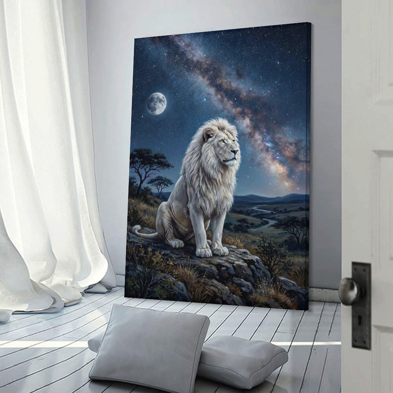 Junmoney Majestic White Lion Under The Milky Way Canvas Wall Decor, 20x30inch(50x75cm), for Office, Study Or Home Workspace, Wall Art That Adds Style to Work Areas