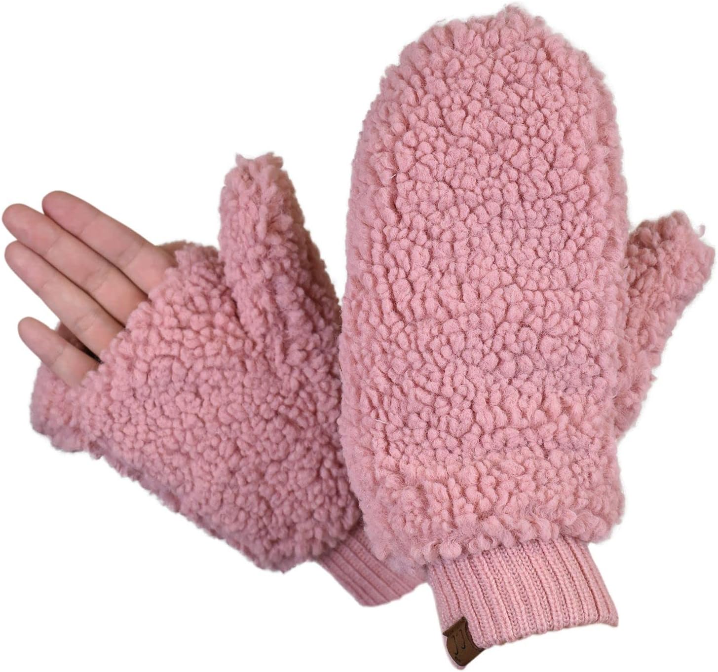 C.C Women's Faux Fur Wrist Length Fingerless Sherpa Lined Convertible Mittens Gloves - Image 2