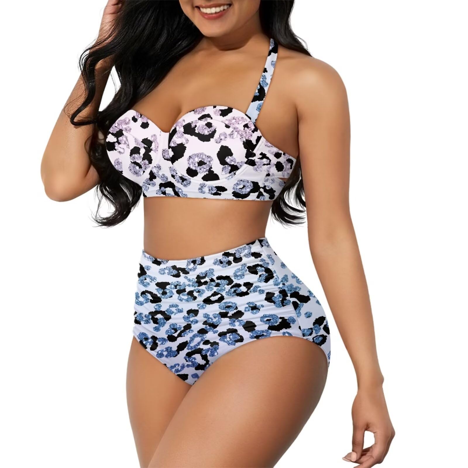Xoenoiee Costume da bagno da donna a vita alta, 2 pezzi, con scollo all'americana e fondo increspato