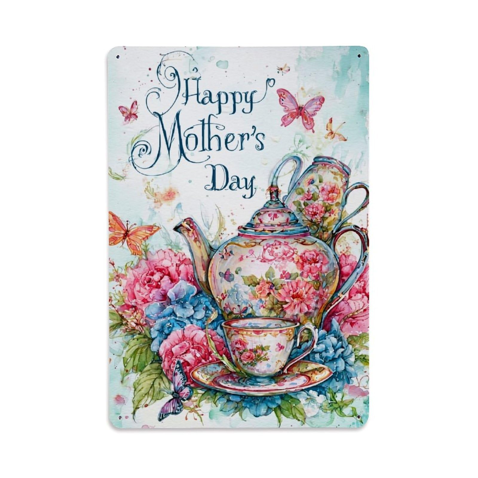 Jdyaojiesheng Vintage Floral Teapot Cup Butterflies Flowers Tin Sign Retro Metal Wall Decor Metal Poster, Home Bar Garage Farmhouse Cafe Wall Art Decoration 8X12inches