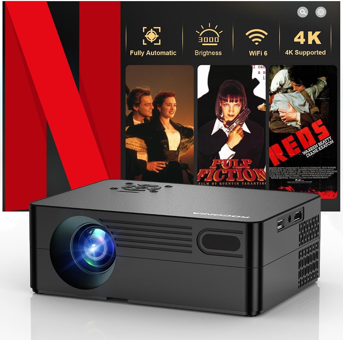 Outdoor Projector with WiFi and Bluetooth & Stand,3000 Brightness,Portable Smart projector with Official Licensed Apps and AI Auto Focus,4K movie projectors Compatible with Netflix/YouTube/PrimeVideo
