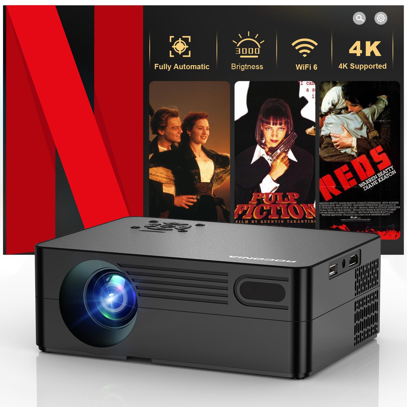 Compatible with Netflix and 180° Standard: Smart Projector with Wi-Fi and Bluetooth, AI Autofocus & Keystone Portable Movie Projector, Native 1080P 4K Support Home Theater Outdoor Proyector - Black-image-11
