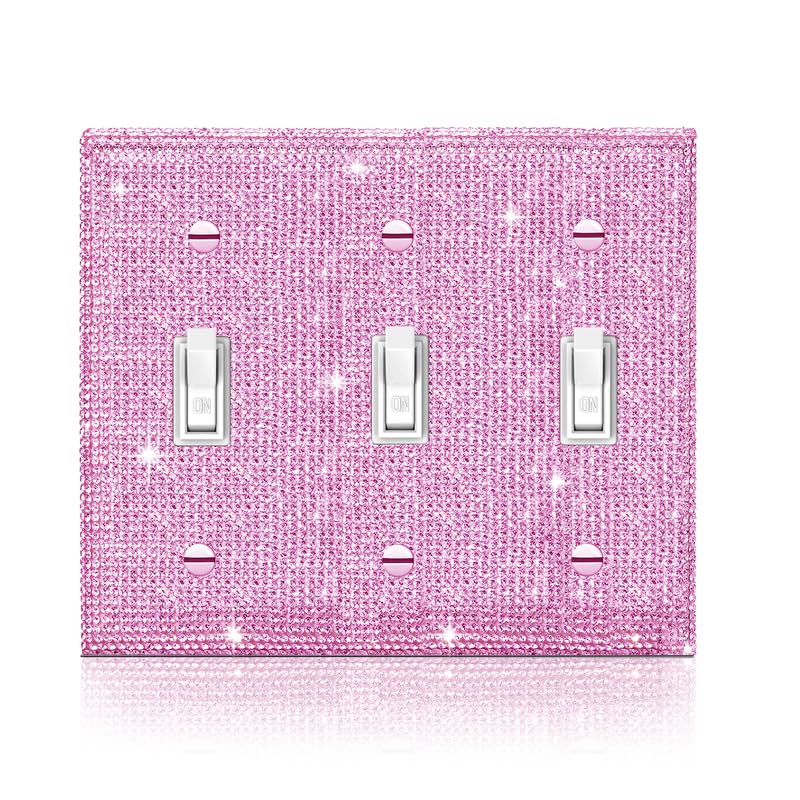 Image of Shiny Pink Rhinestones Wall Plate Cover Triple Toggle Light Switch Cover Durable Double Rhinestones Outlet Covers Wall Plate Decorative