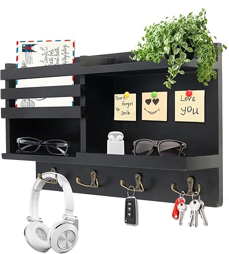 Miniatura 8 de Soporte para llaves de pared, organizador de llaves y correo de madera maciza para pared (autoadhesivo o taladro), 8 ganchos para entrada, pasillo,