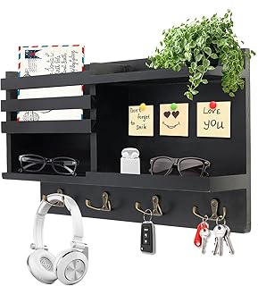 Key Holder Wall Mount, Solid Wood Key and Mail Organizer for Wall(Self Adhesive or Drill), 8 Hooks Key Rack for Entryway Hallway Bedroom Farmhouse Home Decor (Matte Black)