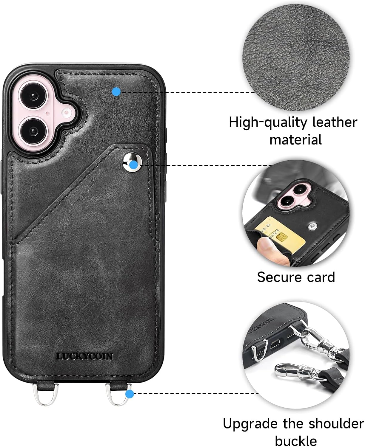 LUCKYCOIN Leather Wallet Phone Case Compatible with iPhone 16,Crossbody Lanyards Wallet Phone Case for Women,Purse Flip Card Pouch Cover Case with Pouch Clip Card Holder Adjustable Wrist Strap Black - Image 2