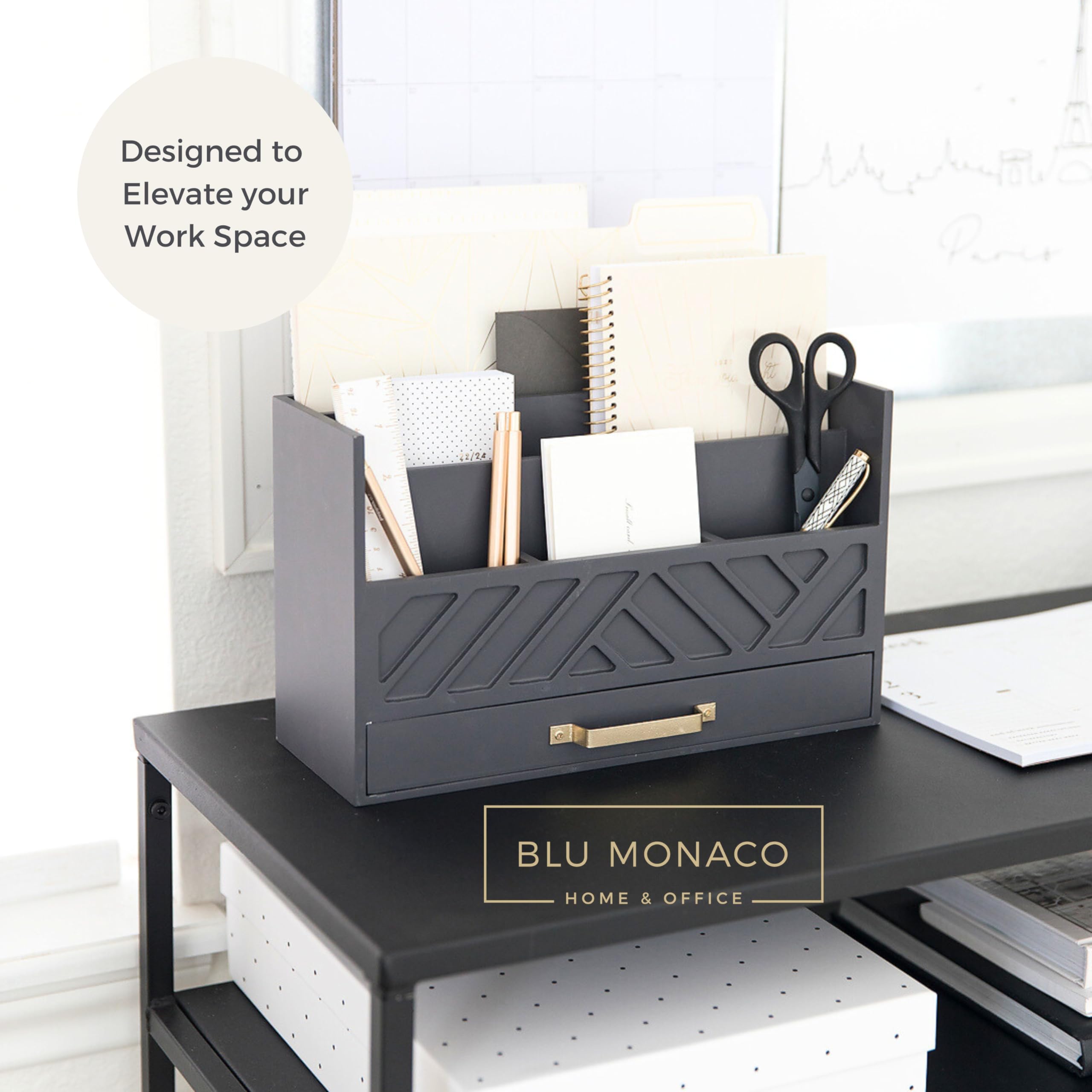 Blu Monaco Szary drewniany organizer na biurko z szufladą i złotym uchwytem, organizer do przechowywania listów i sortownik do przechowywania, blatu i kuchni