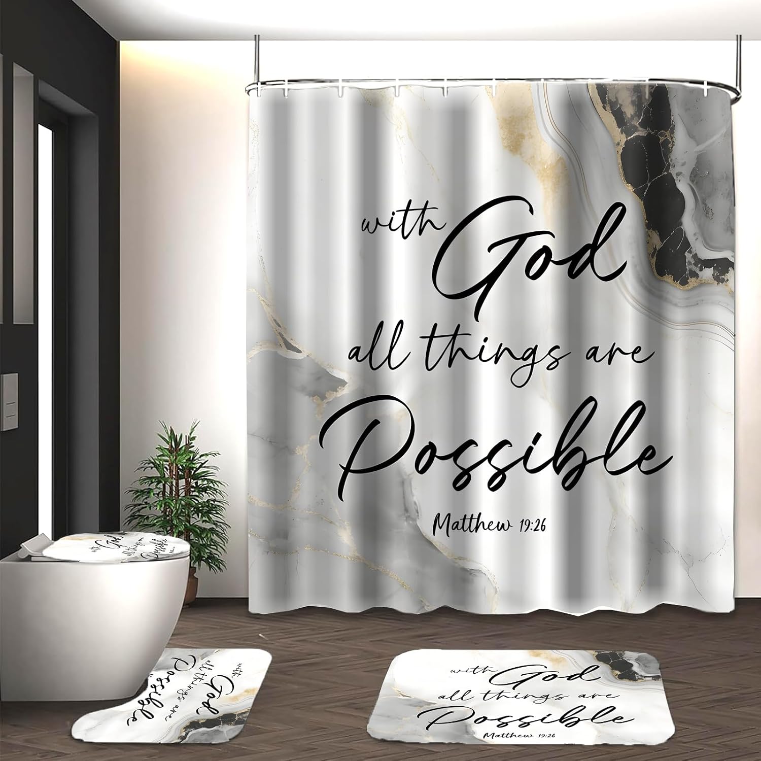 Marble Bathroom Sets with Rugs for Bathroom Decor, 72x72 Inches Gold Shower Curtain with Non-Slip Rugs and Accessories, Waterproof Machine Washable Bath (Curtain Set-Marble Bible) image 3