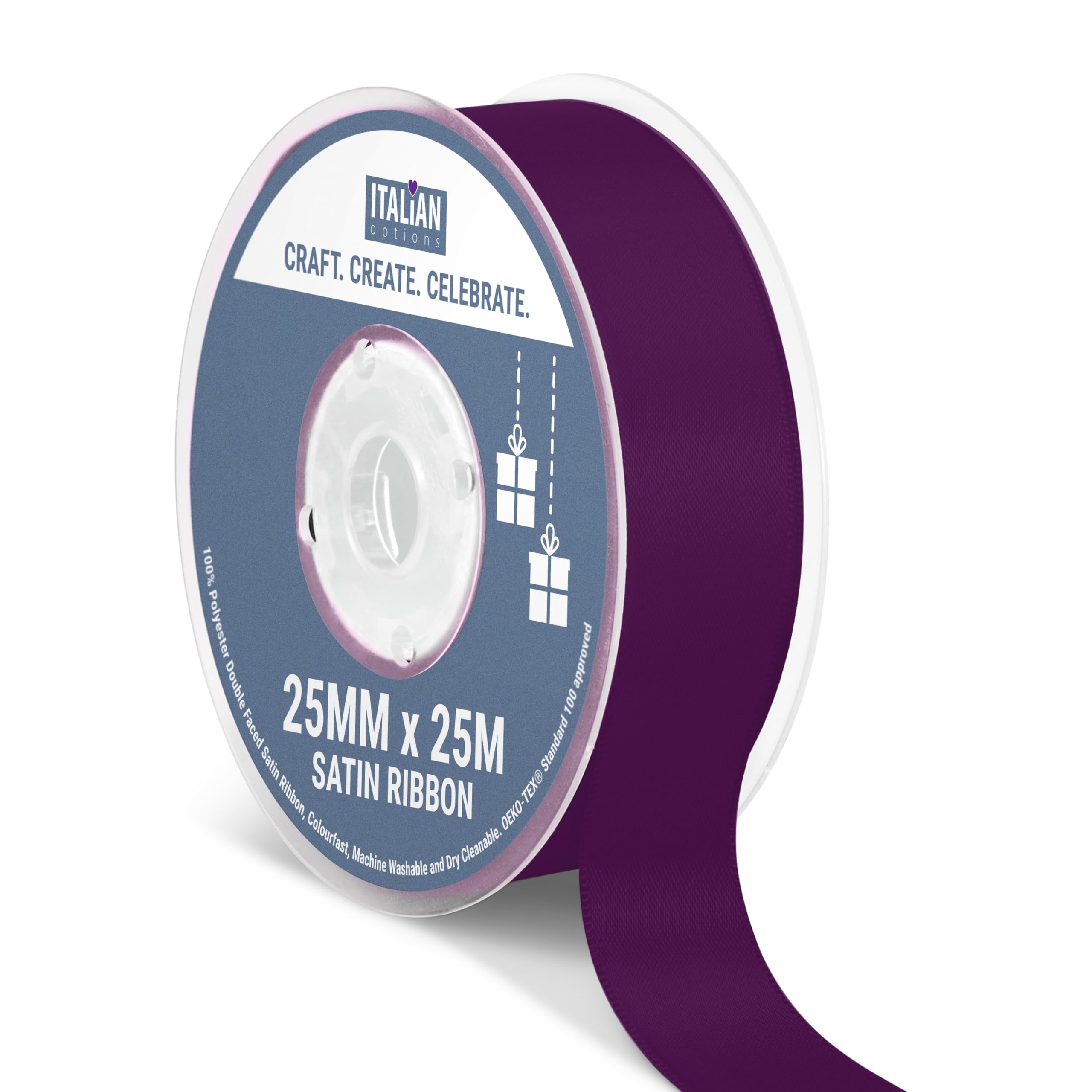 Italian Options Satin Ribbon, Fabric Ribbons for Gift Wrapping, Crafting, Balloons, Wedding Car, Presents, Cake, Christmas, Birthday, Gift Wrap Accessories, 25mm Wide x 25 Metre Roll, Aubergine