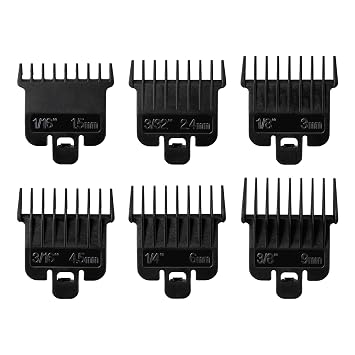 6Pcs Hair Clipper Guards Compatible with Baybliss FX787 and Andis T Outliner G, GO, GTO, ORL, LS2, LS3, PLS, PMT-1, RT-1, SLII, Trimmer Guards Replacement - 1/16" to 3/8", Black Color