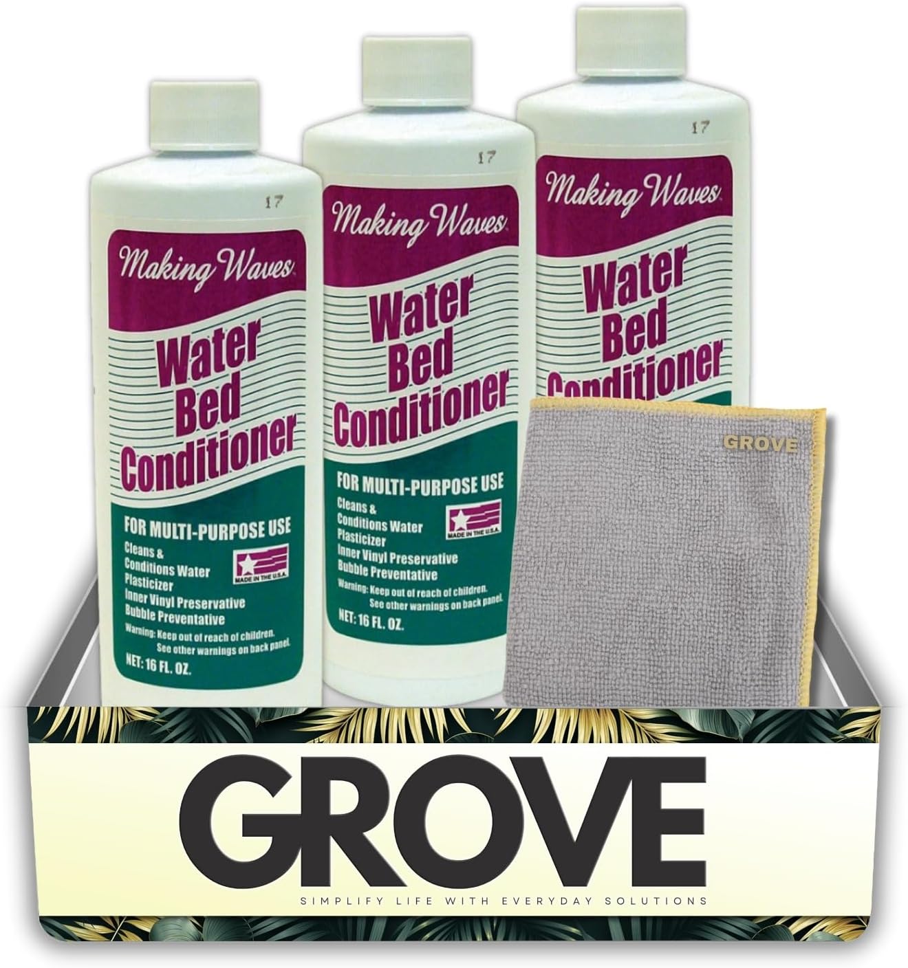 3X Making Waves 16 oz Water Bed Conditioner Bundle with Microfiber Cloth – Helps Maintain Waterbed Quality, Prevent Odors, and Protect Vinyl Liners – Gift Set (4 Items)