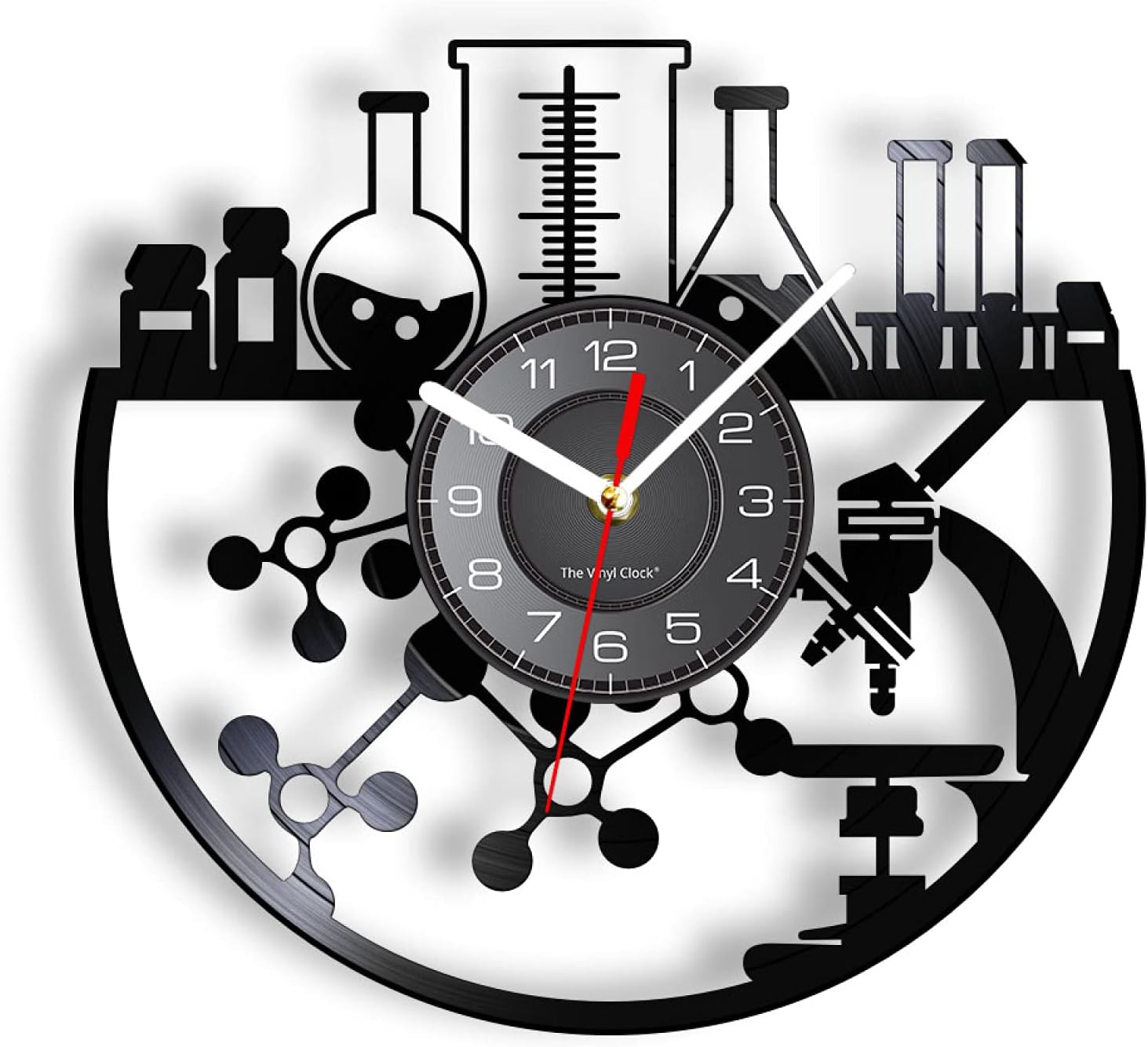 12 inch Vinyl Decor Chemical Experiment Vinyl Record Wall Clock Chemistry Microscope Bunsen Burner Retro Wall Watch Laboratory Science Decor Watch for Vintage Room Decoration