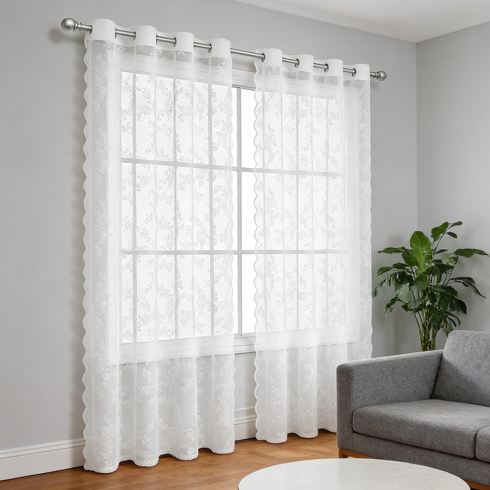 DHSWNNG 2 PCS White Lace Curtains, Floral Net Curtains for Windows 100x200 cm Semi Sheer Lace Voile Curtain Light Filtering Voiles for Window Bedroom Living Room